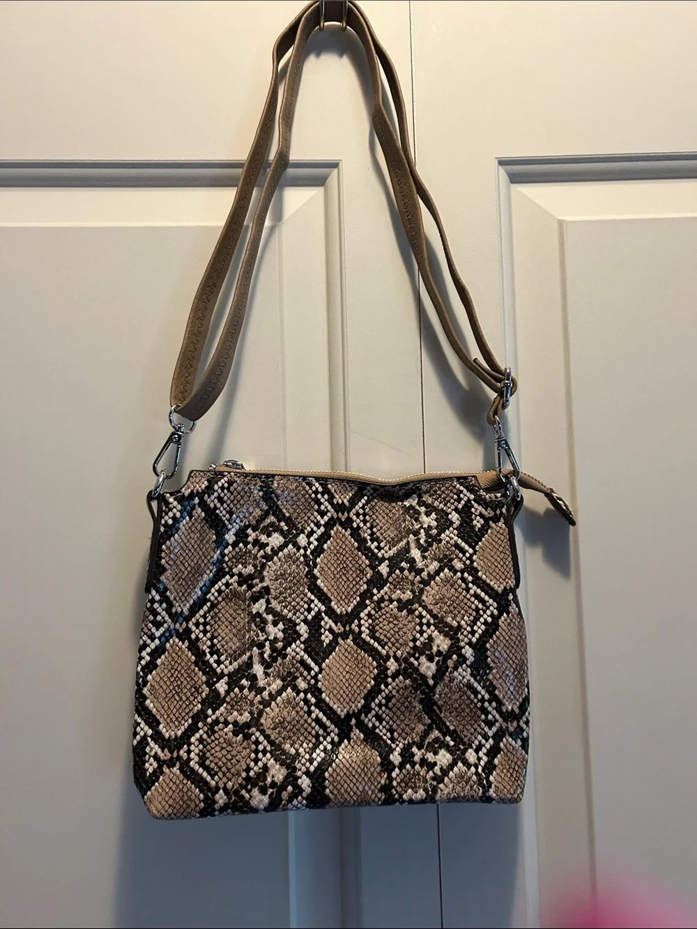 Snake-Print Crossbody Bag in Beige and Black
